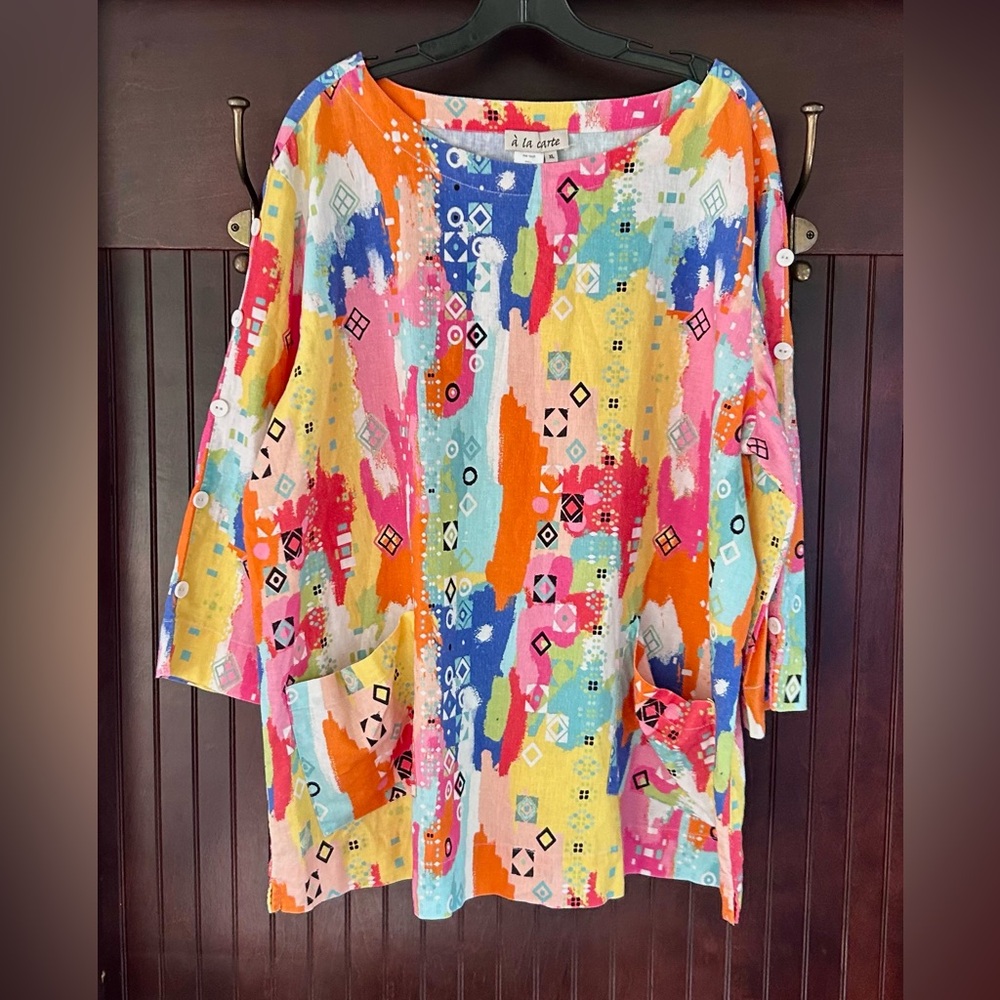 À LA CARTE Colorful Linen Abstract Print Tunic Top Boho Lagenlook Art to Wear XL - Picture 10 of 16